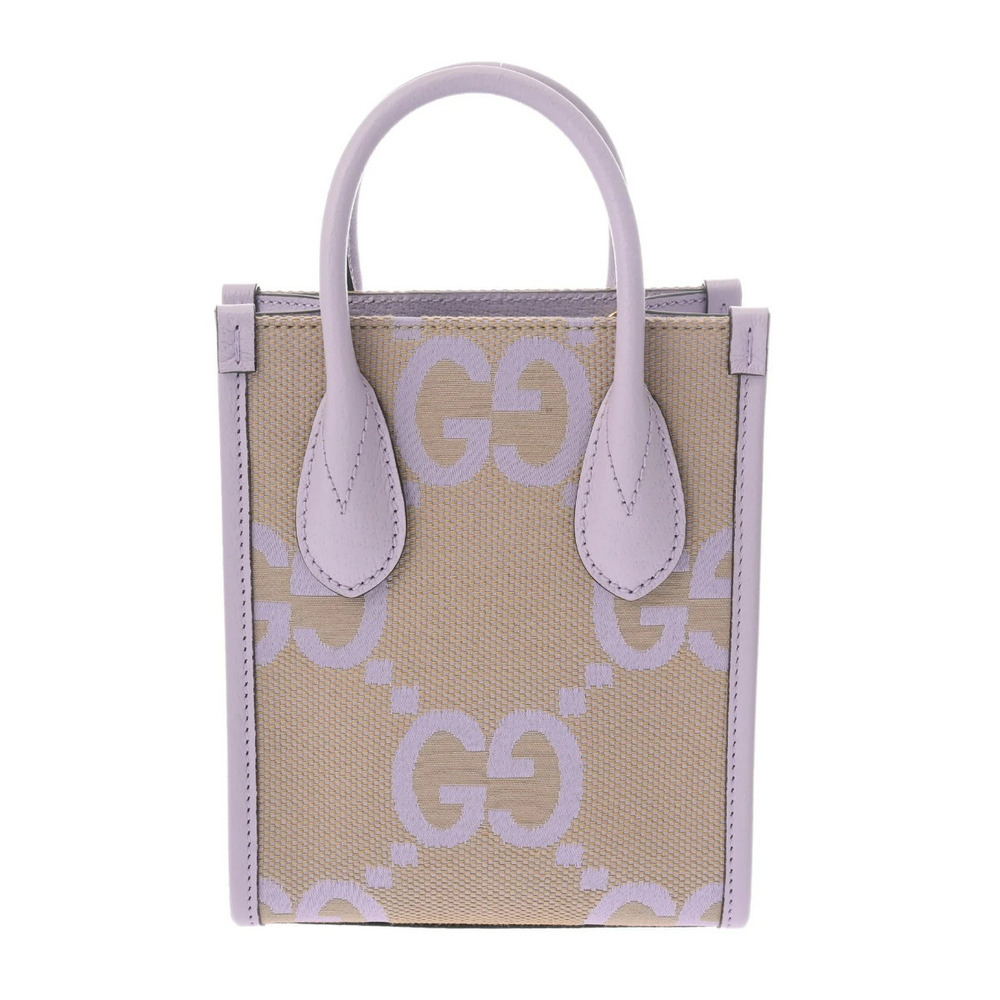 GUCCI Jumbo GG Tote Beige Purple Canvas Leather Bag